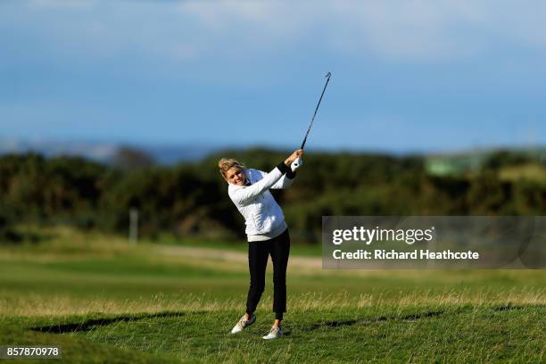 Kelly Rohrbach, Actress plays her second shot on the 17th during day one of the 2017 Alfred Dunhill Championship at The Old Course on October 5, 2017...