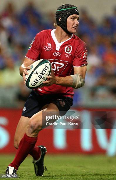 Berrick Barnes of the Reds in action during the round eight Super 14 match between the Western Force and the Reds at Subiaco Oval on April 3, 2009 in...