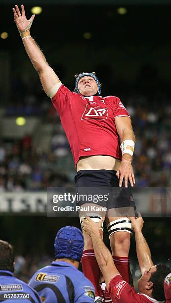 James Horwill of the Reds stretches for the ball in a line-out during the round eight Super 14 match between the Western Force and the Reds at...