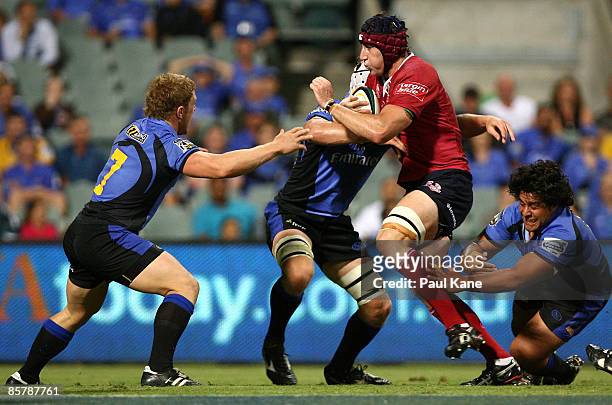 Van Humphries of the Reds pushes forward during the round eight Super 14 match between the Western Force and the Reds at Subiaco Oval on April 3,...