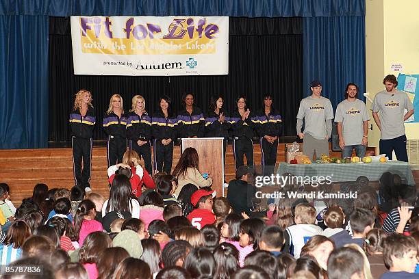 The Laker Girls and Luke Walton, Sasha Vujacic and Pau Gasol of the Los Angeles Lakers participate in Anthem Blue Cross's "Fit for Life" nutrition...