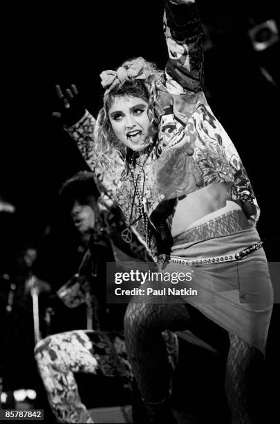 Singer Madonna performs at the UIC Pavillion on May 18, 1985 in Chicago, Illinois.