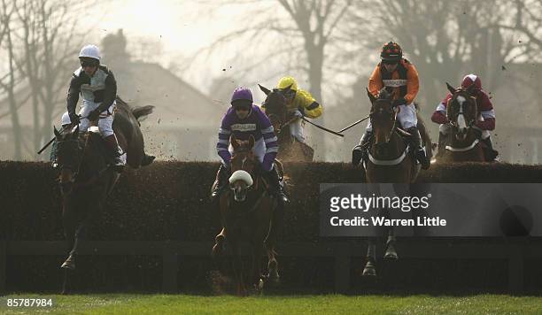 Killyglen ridden by Denis O'Regan runs The matalan.co.uk Mildmay Novices' Steeple Chase during day two of the John Smith's Grand National meeting at...