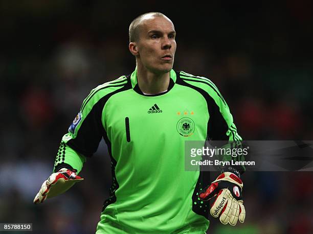Germany goal keeper Robert Enke in action during the FIFA 2010 World Cup Qualifier match between Wales and Germany at the Millennium Stadium on April...