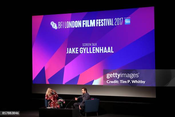 Jake Gyllenhaal speaks during the "Stronger" Screen Talk with host Edith Bowman at the 61st BFI London Film Festival on October 5, 2017 in London,...