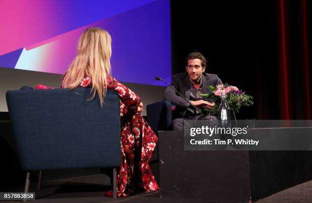 Jake Gyllenhaal speaks during the "Stronger" Screen Talk with host Edith Bowman at the 61st BFI London Film Festival on October 5, 2017 in London,...
