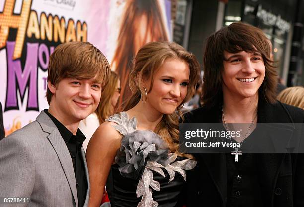 Actors Jason Earles, Emily Osment, and Mitchell Musso arrive at the premiere of Walt Disney Picture's "Hannah Montana: The Movie" held at the El...