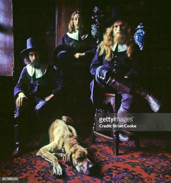 Terry Wincott, Eddie Baird, John Gladwin, Amazing Blondel pose for the Fantasia Lindum album cover at Shibden Hall, Halifax in March 1971