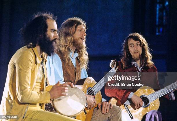 Terry Wincott, John Gladwin, Eddie Baird, Amazing Blondel during filming at Lincoln Cathedral on July 4 1972