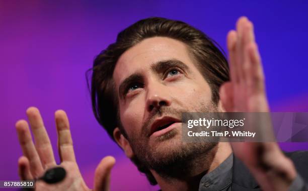 Jake Gyllenhaal speaks during the "Stronger" Screen Talk at the 61st BFI London Film Festival on October 5, 2017 in London, England.