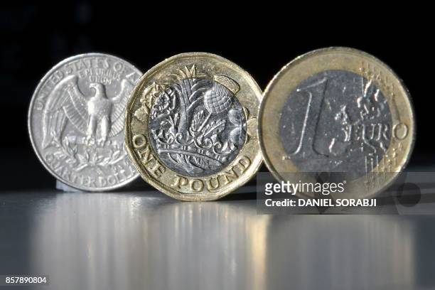 British one pound sterling coin, a one euro coin and a US quarter dollar coin are arranged and photographed in central London on October 5, 2017. -...