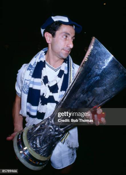 Tottenham Hotspur's Osvaldo Ardiles carrying the UEFA Cup after Spurs had beaten Anderlecht 4-3 on penalties in the UEFA Cup Final 2nd leg at White...