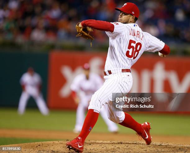 Henderson Alvarez of the Philadelphia Phillies in action against the New York Mets during a game at Citizens Bank Park on September 30, 2017 in...