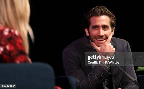 Jake Gyllenhaal speaks during the "Stronger" Screen Talk at the 61st BFI London Film Festival on October 5, 2017 in London, England.