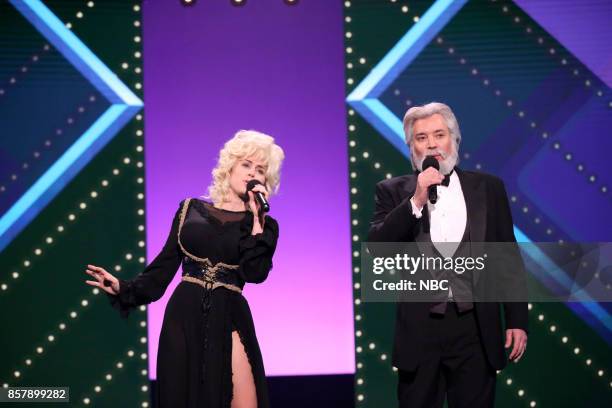 Episode 0751 -- Pictured: Miley Cyrus as Dolly Parton and Jimmy Fallon as Kenny Rogers perform "Islands in the Stream" on October 4, 2017 --