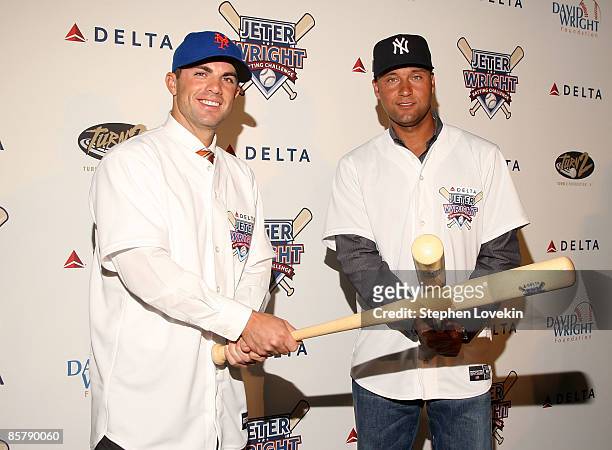 David Wright of the New York Mets and Derek Jeter of the New York Yankees attend Delta's Jeter/Wright batting challenge at the Stone Rose Lounge on...