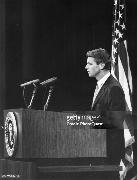 American politician Attorney General Robert F Kennedy speaks from the podium at the White House Conference on Narcotics & Drug Abuse, Washington DC,...