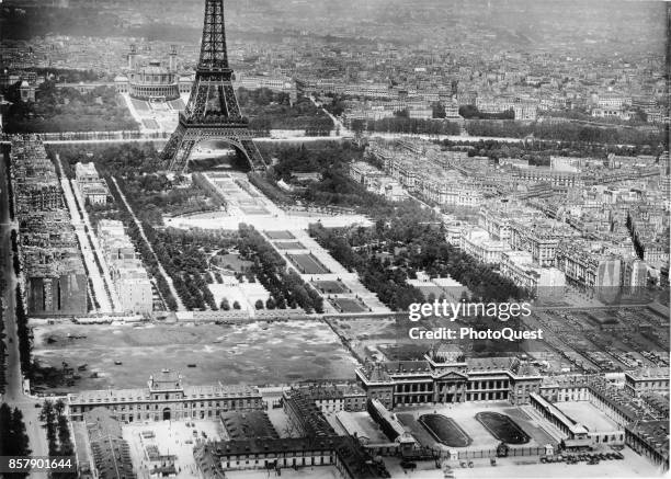 Aerial view of Ecole Militaire , the Eiffel Tower, and the Palais du Trocadero, Paris, France, 1927.