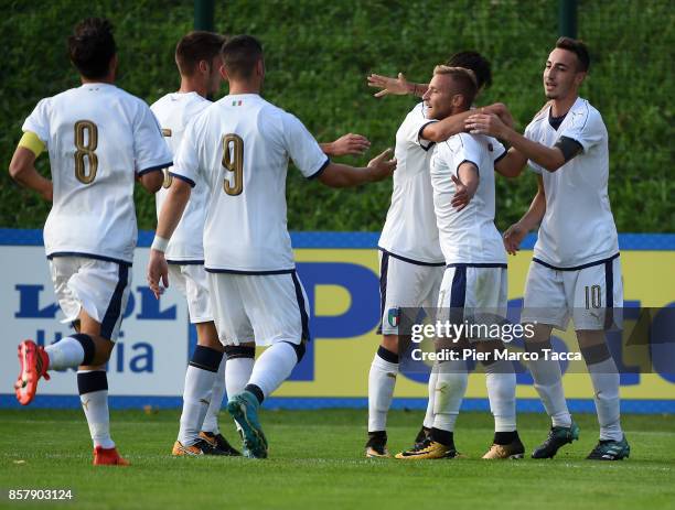 Giuseppe Antonio Panico of Italy U20 celebrates his first goal with his teamates during the 8 Nations Tournament match between Italy U20 and England...