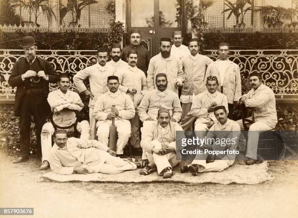 The Parsees cricket team of England prior to their match against Sheffield Park at Sheffield Park near Uckfield, circa May 1886. The match was drawn....