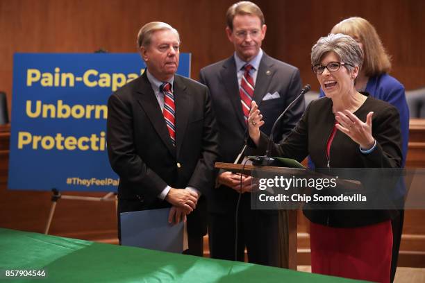 Sen. Lindsey Graham , Family Research Council President Tony Perkins, Sen. Joni Ernst and other representatives from other anti-abortion groups hold...