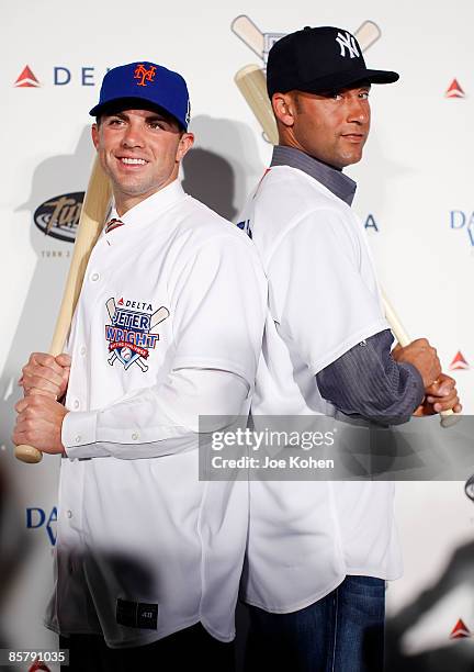 David Wright of the New York Mets and Derek Jeter of the New York Yankees attend Delta's Jeter / Wright batting challenge at the Stone Rose Lounge on...