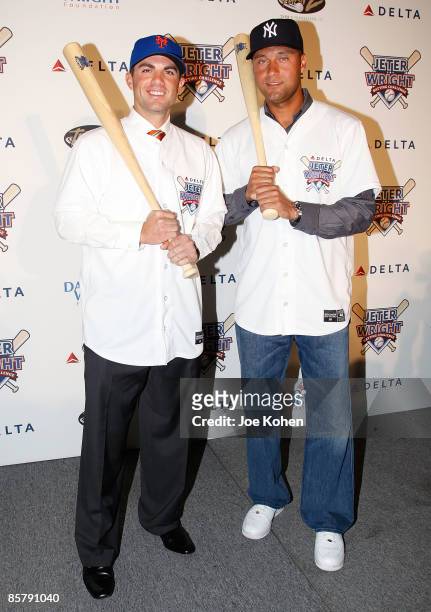 David Wright of the New York Mets and Derek Jeter of the New York Yankees attend Delta's Jeter / Wright batting challenge at the Stone Rose Lounge on...