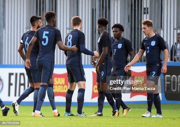 Isaac Buckley Ricketts of England U20 celebrates with his teamates his goal during the 8 Nations Tournament match between Italy U20 and England U20...