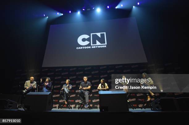 Rebecca Sugar, Zach Callison, Tom Scharpling, Grace Rolek, Michaela Dietz, and Deedee Magno Hall speak onstage at the Steven Universe Panel during...