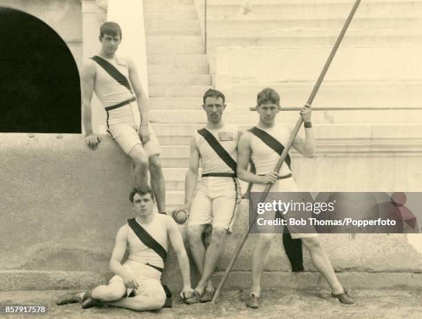 The Princeton University athletics team, comprising, left to right, Francis Lane, the 100 metres sprinter who tied for third place in his event;...