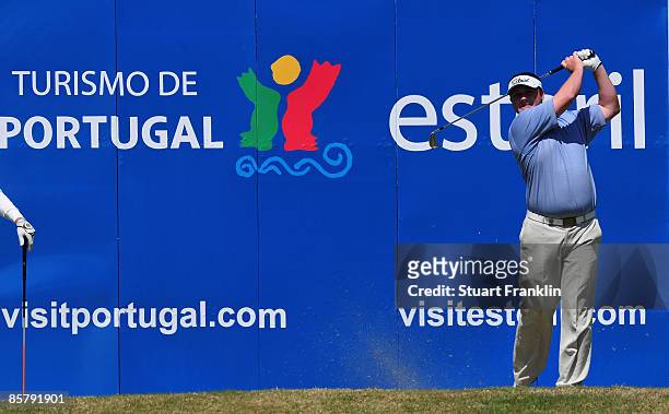 Chris Doak of Scotland plays his tee shot on the 18th hole during the second round of The Estoril Open de Portugal The Oitavos Dunes Golf Course on...