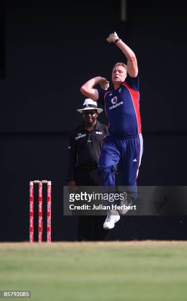 Andrew Flintoff of England comes into bowl during The 5th One Day International between The West Indies and England played at The Beausjour Stadium...