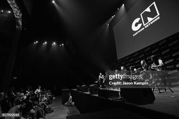 Rebecca Sugar, Zach Callison, Tom Scharpling, Grace Rolek, Michaela Dietz, and Deedee Magno Hall speak onstage at the Steven Universe Panel during...