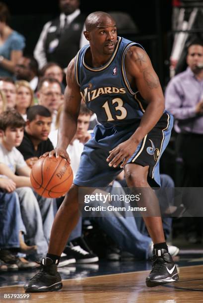 Mike James of the Washington Wizards moves the ball against the Dallas Mavericks during the game on March 7, 2009 at the American Airlines Center in...