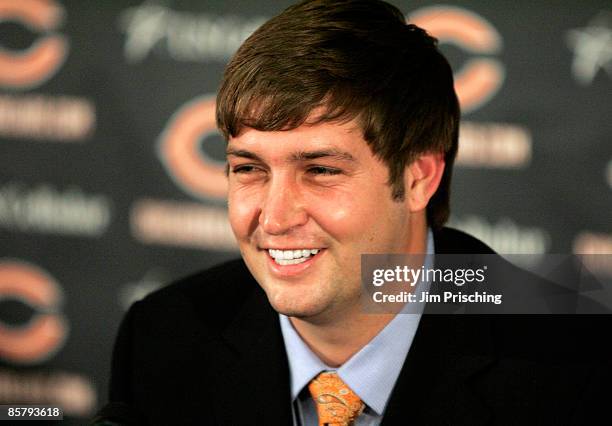 Jay Cutler of the Chicago Bears is all smiles after being announced as their new quarterback during a press conference on April 3, 2009 at Halas Hall...