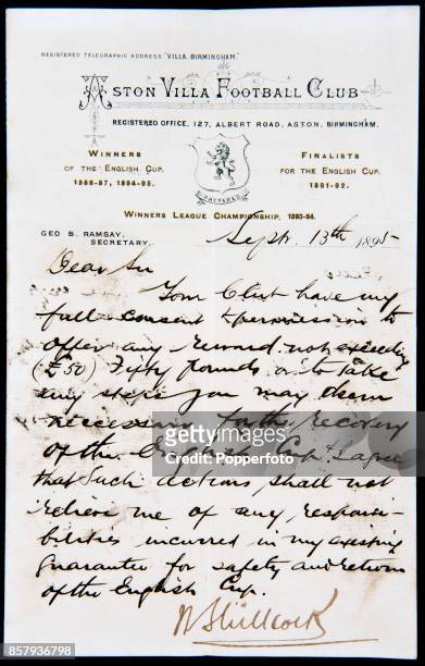 Letter on Aston Villa headed paper, written and composed by Club Secretary Geroge Ramsay, concerning the theft of the FA Cup from the premises of...