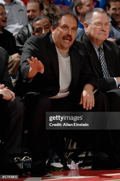 Head coach Stan Van Gundy of the Orlando Magic sits on the bench during the game against the Detroit Pistons on March 9, 2009 at The Palace of Auburn...