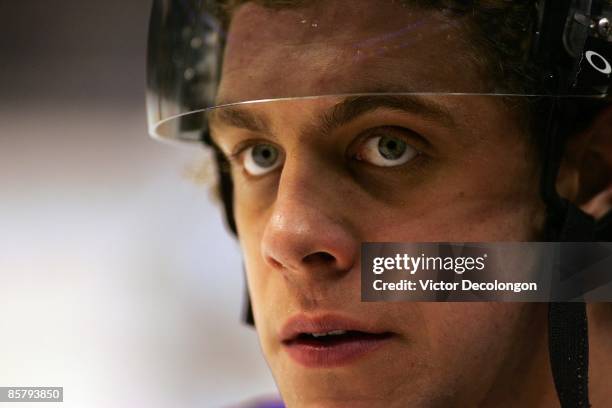 Anze Kopitar of the Los Angeles Kings looks on during warm-up prior to their NHL game against the Nashville Predators at Staples Center on March 16,...