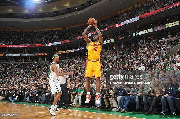 LeBron James of the Cleveland Cavaliers makes a jumpshot against Paul Pierce of the Boston Celtics during the game on March 6, 2009 at the TD...