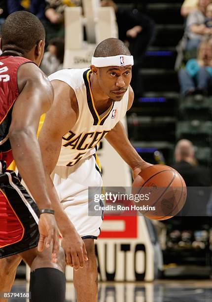 Ford of the Indiana Pacers surveys the court against the Miami Heat during the game on March 25, 2009 at Conseco Fieldhouse in Indianapolis, Indiana....