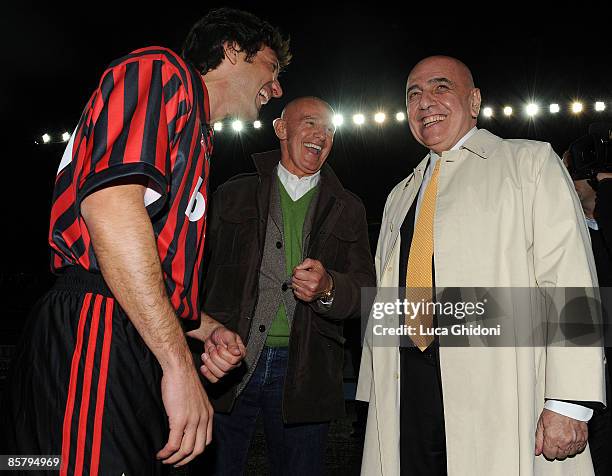 Leonardo , President of AC Milan Adriano Galliani and Arrigo Sacchi attend the charity football match between Milan Glorie and Brescia Glorie at the...