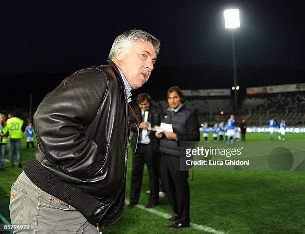 Carlo Ancelotti, trainer of AC Milan, attends the charity football match between Milan Glorie and Brescia Glorie at the Rigamonti stadium on April...