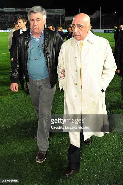 Carlo Ancelotti , trainer of AC Milan and President Adriano Galliani attend the charity football match between Milan Glorie and Brescia Glorie at the...