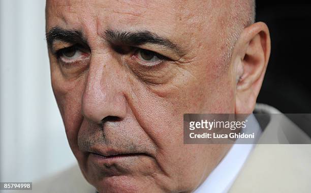 Milan President Adriano Galliani attends the charity football match between Milan Glorie and Brescia Glorie at the Rigamonti stadium on April 03,...
