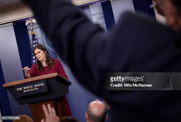 White House Press Secretary Sarah Huckabee Sanders answers questions during a briefing at the White House October 5, 2017 in Washington, DC. Sanders...