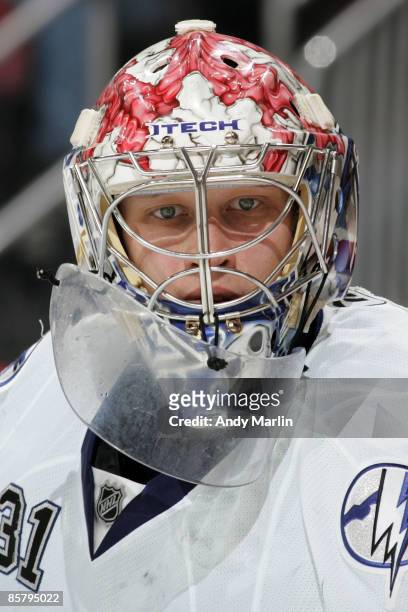 Karri Ramo of the Tampa Bay Lightning keeps an eye on the game action during the second period against the New Jersey Devils on April 3, 2009 at the...