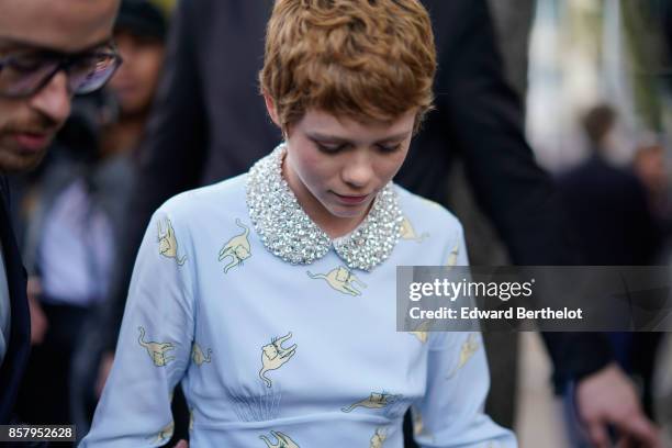 Sophia Lillis, outside Miu Miu, during Paris Fashion Week Womenswear Spring/Summer 2018, on October 3, 2017 in Paris, France.