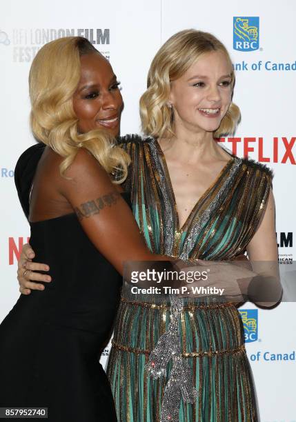 Singer Mary J. Blige and actress Carey Mulligan attend the Royal Bank of Canada Gala & European Premiere of "Mudbound" during the 61st BFI London...