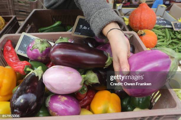 a variety of eggplants for sale at a bi-weekly market-epernay, champagne, france - エペルネ ストックフォトと画像