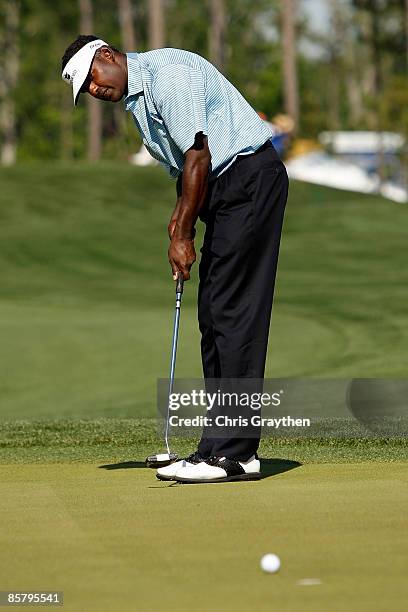 Vijay Singh makes a putt for par on the 11th hole during the second round of the Shell Houston Open at Redstone Golf Club April 3, 2009 in Humble,...